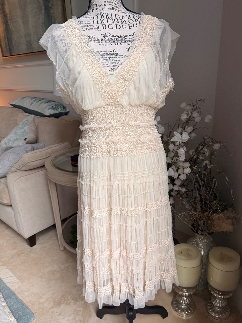 Vintage Max Studio Cream White Tiered Midi Dress Smocked Waist Large Boho Fairy - Picture 2 of 13